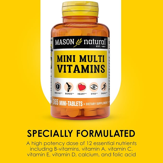 MASON NATURAL Mini Multivitamin with Iron & 12 Key Nutrients, 1 Year Supply | 12 essential nutrients plus iron, including vitamins A, C, D, E, B-complex, folate & calcium for daily support