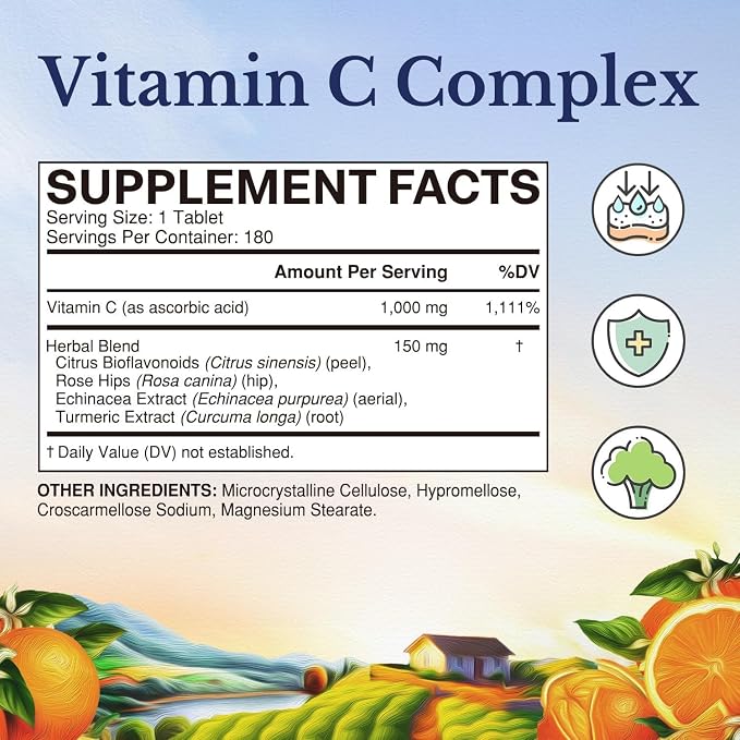 Vitalitown Vitamin C Complex 1000mg with Rose HIPS, Bioflavonoids, Turmeric & Echinacea, Daily Immune Support, Collagen Booster & Powerful Antioxidant, Vegan, 180 Tablets