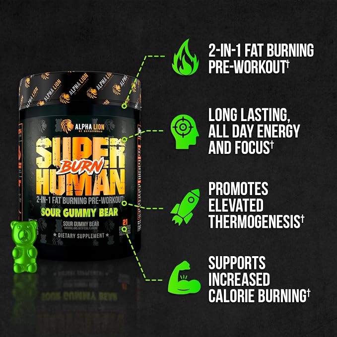 ALPHA LION Superhuman Burn, 2 in 1 Metabolism Booster Pre Workout and Men's Thermogenic Fat Burner, Sour Gummy Bear (Hulk Juice), Package Varies