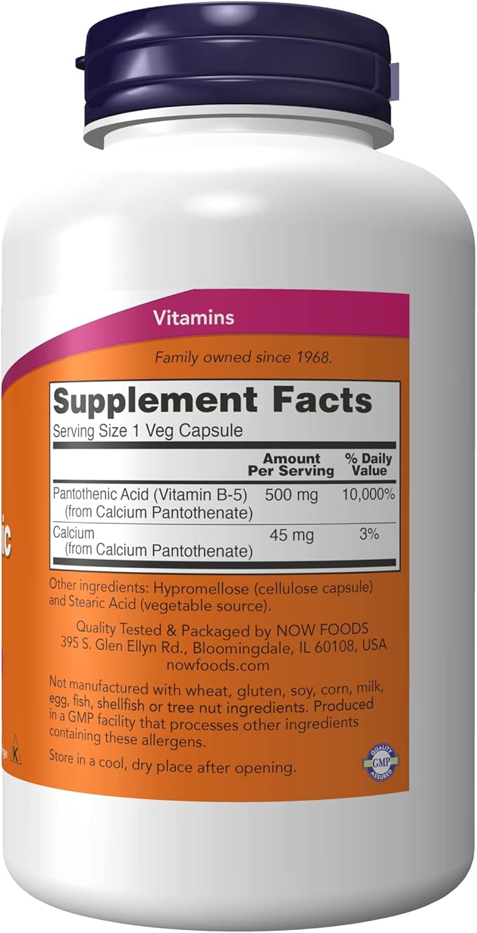 NOW Foods Supplements,Pantothenic Acid (Vitamin B-5) 500 mg,B-Complex Vitamin,250 Capsules