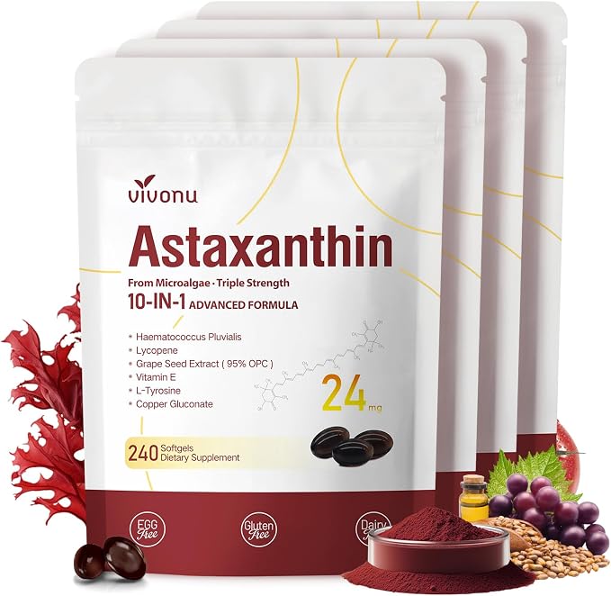 VivoNu Astaxanthin 24mg – Powerful Antioxidant Support for Skin, Eyes & Immune System – 10-in-1 Formula with Lycopene, Grape Seed, Vitamin E & Zinc – Triple Strength, 960 Softgels, 4 Bag