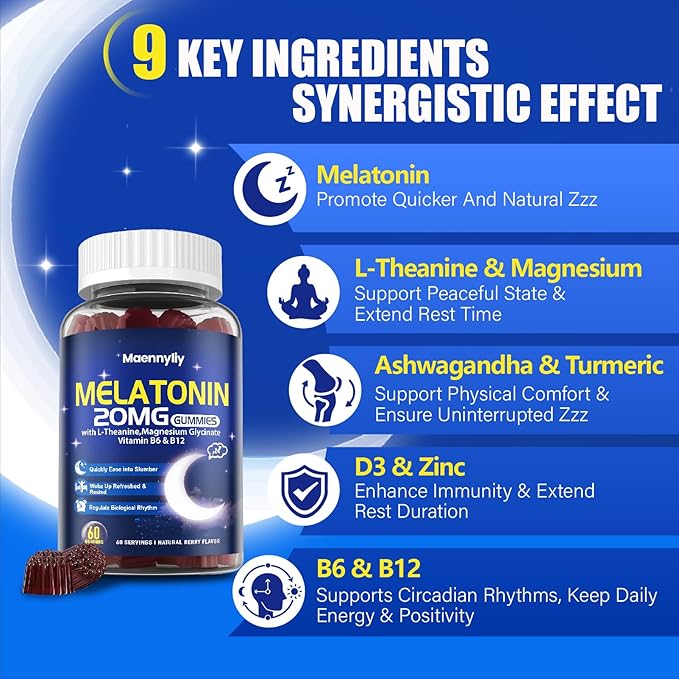 Maennyliy Melatonin 20mg Gummies for Adults - Sugar Free Melatonin Gummies Extra Strength with L-Theanine, Magnesium, Ashwagandha, Turmeric, D3 & Zinc - Non-Habit Forming