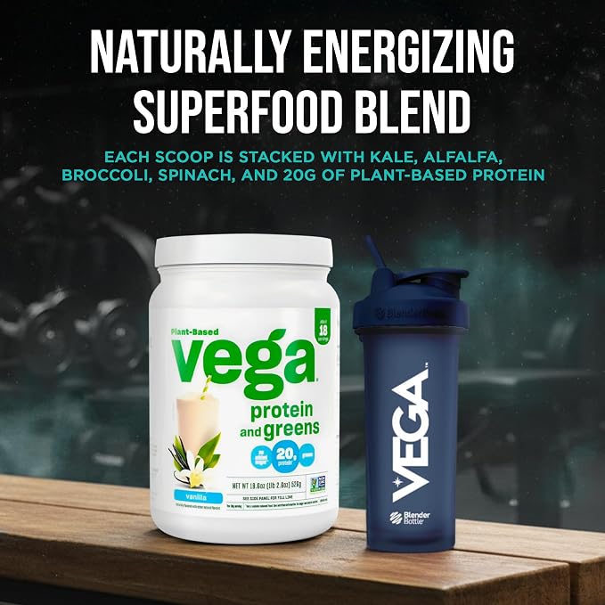 Vega Premium Protein + Supergreens, Vanilla – 20g Vegan Protein, Dairy & Gluten Free, 19.2 oz (18 Servings)