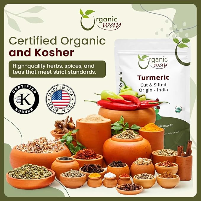 Organic Way Turmeric Root Cut & Sifted (Curcuma Longa) - Herbal Tea | Kosher & USDA Certified | Vegan, Non-GMO & Gluten Free | Tested for Heavy Metal and Purity | 100% Raw from India (1/2LBS / 8Oz.)
