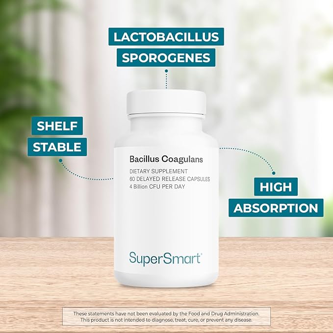 Supersmart Bacillus Coagulans Probiotic 4 Billion CFU per Day (High Absorption) - Lactobacillus Sporogenes Supplement | Non-GMO & Gluten Free - 60 Delayed Release Capsules