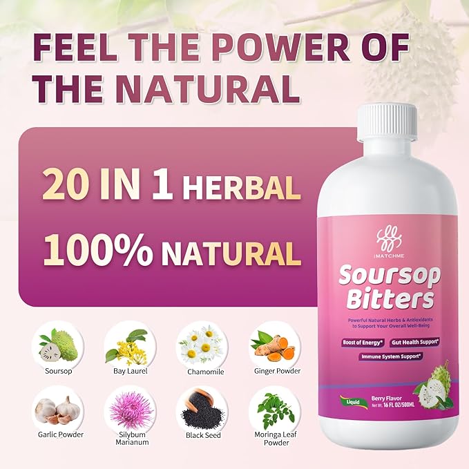 Soursop Bitters Liquid-Pure 20 Herb Guanabana Tea for Digestive Health,Gut Detox & Cleanse,Antioxidant,Immune Support with Black Seed,Moringa,Turmeric&Ashwagandha, 98% High Absorption,Non-GMO 16 fl oz