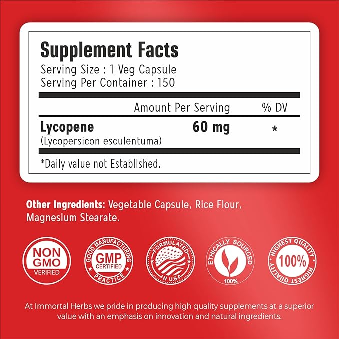 Lycopene Supplement for Men 60mg, 120 Capsules, Natural Tomato Extract Powder, 4 Month Supply, 100% Veg Lycopene Complex, Non-GMO and Gluten Free Carotenoid Supplement