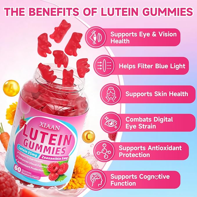 Lutein and Zeaxanthin Supplements, Lutein Gummies with Zeaxanthin,Vitamins A, C, E, Bilberry, Astaxanthin for Vision Health & Eye Strain, Sugar-Free/Vegan, Raspberry Flavor 60 Count