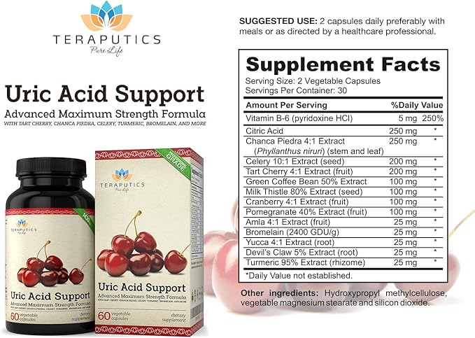 Uric Acid Support Formula | Advanced Uric Acid Cleanse & Kidney Support Supplement - Includes Tart Cherry Concentrate, Celery Seed Extract + 12 More High Potency Ingredients, 60 Veggie Capsules