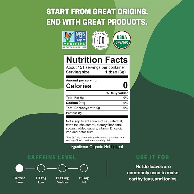 FGO Organic Nettle Leaf Loose Tea, Cut and Sifted, Caffeine Free, 16oz Bulk Resealable Bag, Packaging May Vary (Pack of 1)