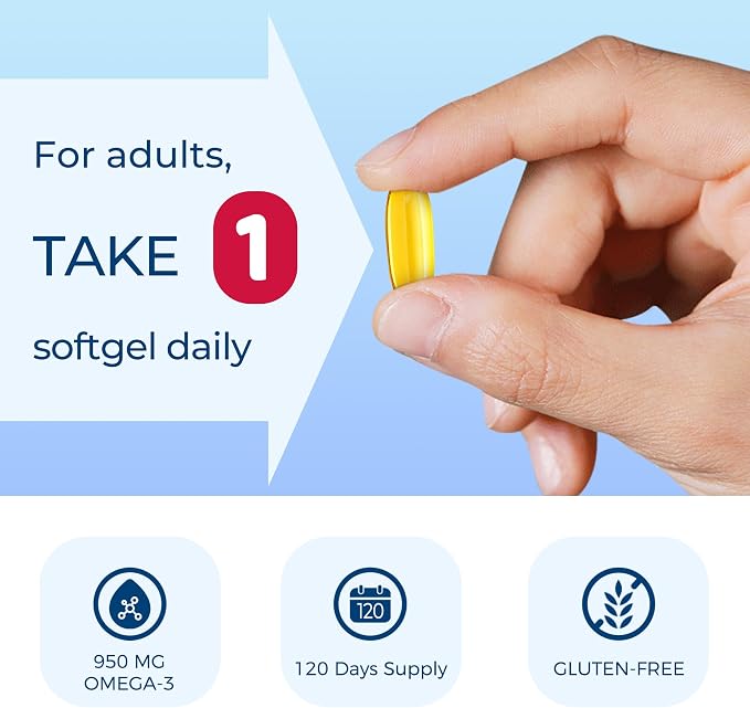 Vitamin World Triple Strength Omega 3 Fish Oil 1360 mg Supplement, 950 mg Active Omega-3 Fatty Acids with EPA & DHA, Supports Heart, Brain & Joint Health, Gluten Free, 120 Softgels, 4 Months Supply