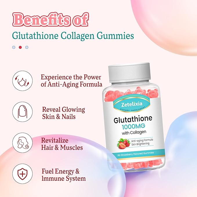 2 Pack Glutathione Collagen Gummies, Collagen Gummies with Vitamin C, Glutathione Supplement for Women, Hair Skin Nails Muscle & Joint, Anti-Aging, Vegan, Sugar Free, Strawberry Flavor, 120 Count