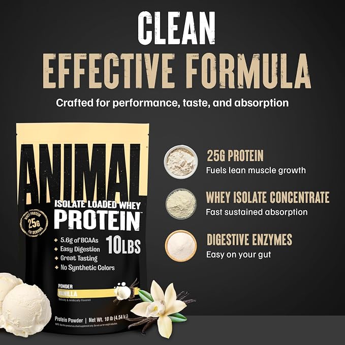 Animal Whey Isolate Protein Powder - Loaded for Pre & Post Workout Muscle Builder and Recovery with Digestive Enzymes for Men & Women - 25g Protein, Great Taste, Low Sugar - Vanilla 10 lbs