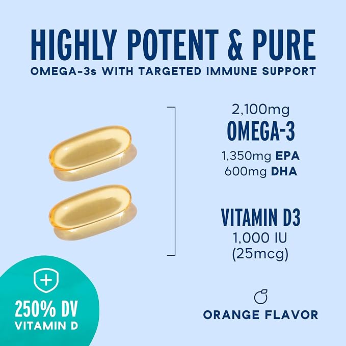 Oceanblue Professional Omega-3 2100 with Vitamin D3 120 ct - 2 Pack Triple Strength Burpless Fish Oil Supplement with High-Potency EPA, DHA, DPA and Vitamin D3 Wild-Caught Orange Flavor