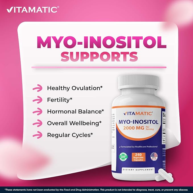 Vitamatic Myo-Inositol 2000 mg Per Serving – 240 Vegetable Capsules – 60 Servings – Non-GMO, Gluten Free – Made in USA