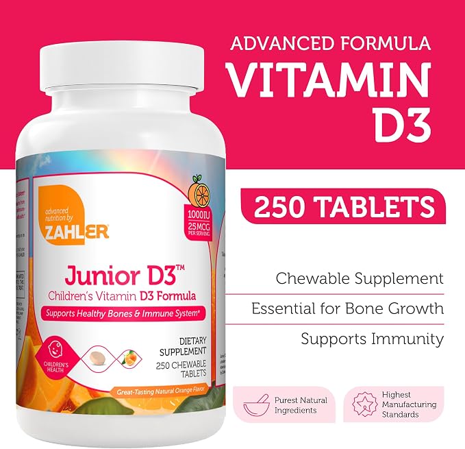 Zahler Junior D3 Vitamins 1000 IU - Chewable Vitamin D3 for Kids to Support Bone, Teeth & Immune Health - Kosher Kids Orange Flavor - 250 Count.