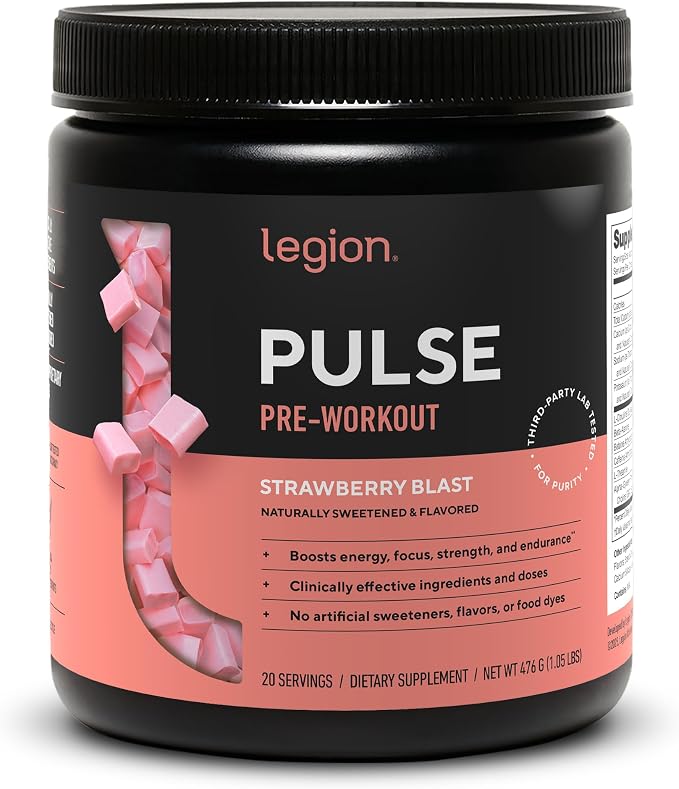 LEGION Pulse - All Natural Nitric Oxide Preworkout Drink to Boost Energy, Creatine Free, Naturally Sweetened, Beta Alanine, Citrulline, Alpha GPC (Strawberry Blast)