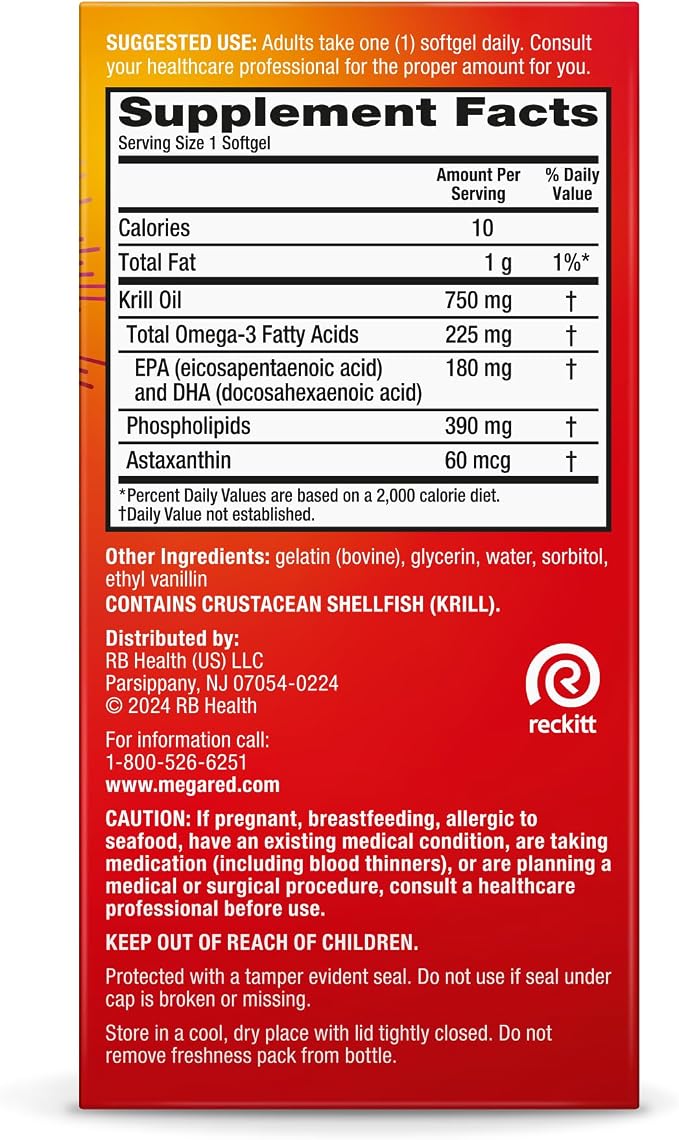 MegaRed Antarctic Krill Oil 750mg, Omega 3 Fatty Acid Supplement, Ultra Concentrate EPA & DHA Softgels, Antioxidant Astaxanthin, Heart Health Supplement with No Fish Oil Aftertaste, 80ct