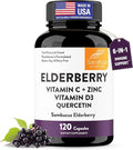 Elderberry Vitamin C and Zinc Capsules with D3 and Quercetin | 6-in-1 Immune Support Supplement Pills for Adults | 120 Count Sambucus Black Elderberry Natural Immunity Vitamins | Made in USA