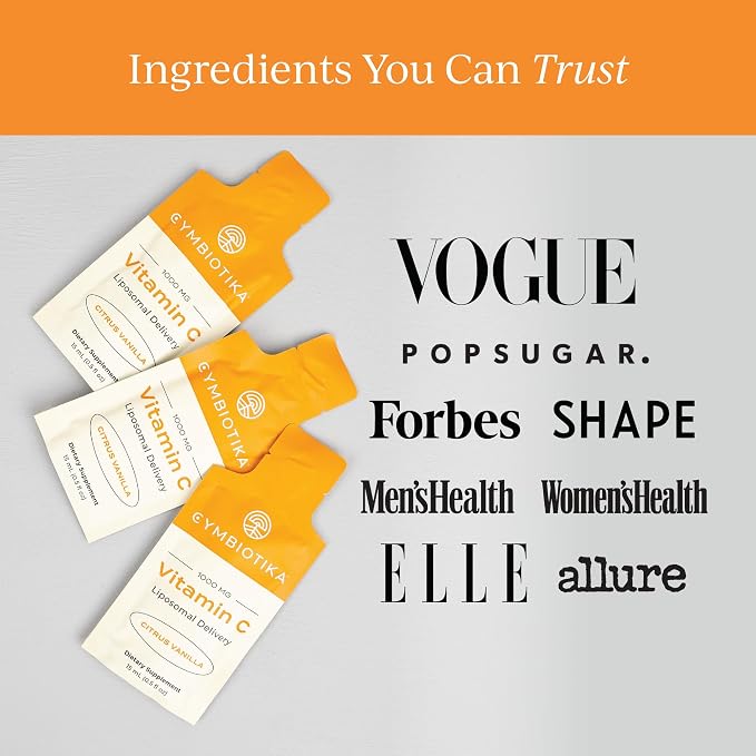 CYMBIOTIKA Vitamin C Individual Packets, Liposomal Delivery, Supplement for Immune Support, Collagen Boost, & Healthy Aging, Skin Hydration Packets, Citrus Vanilla Flavor, 30 Count