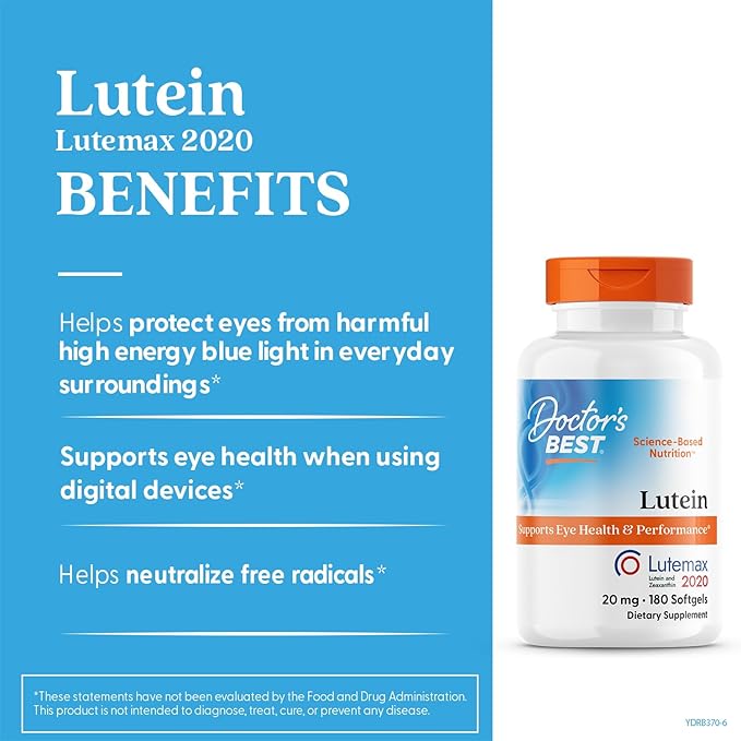 Doctor's Best Lutein Supplement 20mg with Zeaxanthin - Lutein for Eyes, Eye Health Vitamins for Men & Women, Vision and Macular Health Support, Lutemax 2020 Marigold Flower Extract - 180 Softgels