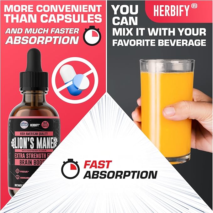 HERBIFY Lions Mane Supplement - Daily Mushroom Supplement for Memory, Focus & Clarity - Brain Booster - Lions Mane Tincture for Natural Immune Support - 4 Fl Oz Raspberry Flavor