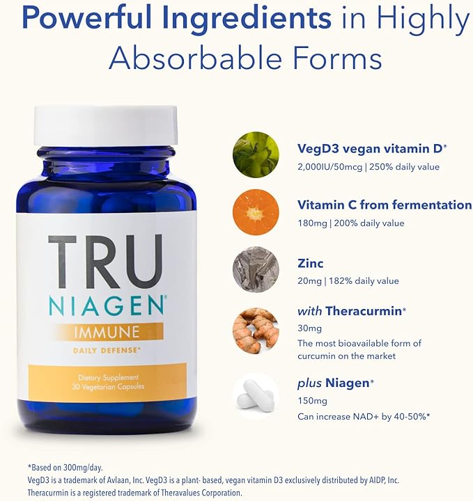 TRU NIAGEN Immune Support Supplement - Daily Defense, Vitamin C from Fermentation, Vegan Vitamin D3 2000 IU, Zinc, Plus Theracurmin (Curcumin) + Multi Award-Winning NAD Boosting Niagen 150mg 60ct