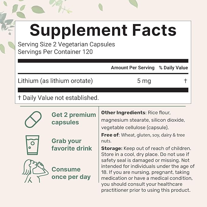 Micro Ingredients Lithium Orotate 5mg, 240 Vegetarian Capsules | 5mg Per Serving | Elemental Lithium Trace Mineral | Stable Low-Dose Orotate Form | Non-GMO, Filler Free