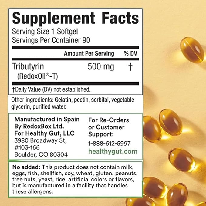 Healthy Gut Tributyrin-X | Most Bioavailable Butyrate Supplement for Gut Health & Leaky Gut Support | 99% Pure w/Zero Odor | 90 Softgels