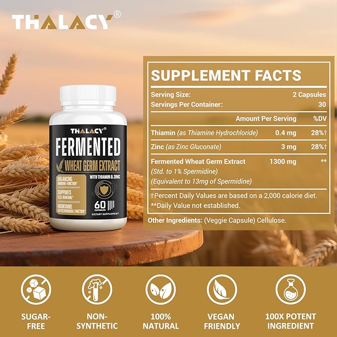 Spermidine Supplements 13mg - 1300mg Wheat Germ Extract Capsules Potent Formula with Higher Spermidine Content and Zinc for Healthy Aging, Daily Immune System and Cell Renewal, 60 Capsules