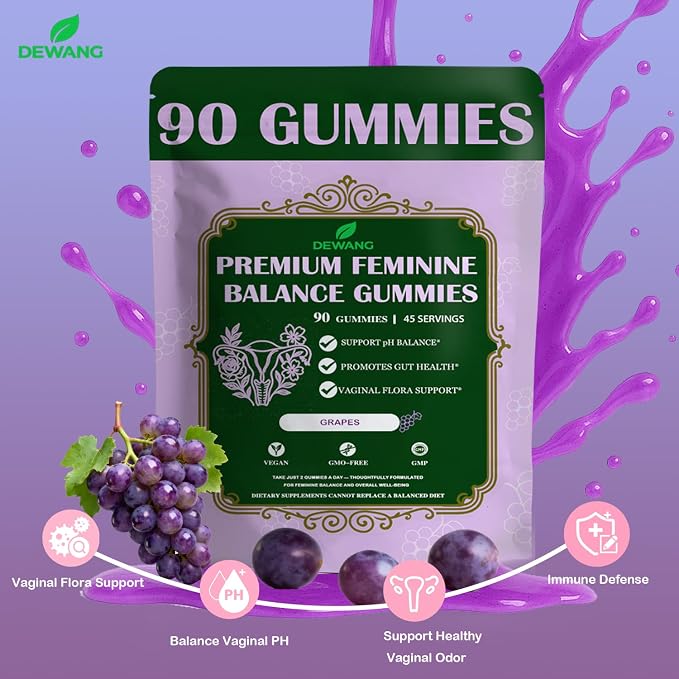 DEWANG Premium Feminine Balance Gummies for Women’s - Immune Support& PH Balance - Vegan, Gluten-Free - Grapes Flavor, 90 Count 45 Servings (Grape)
