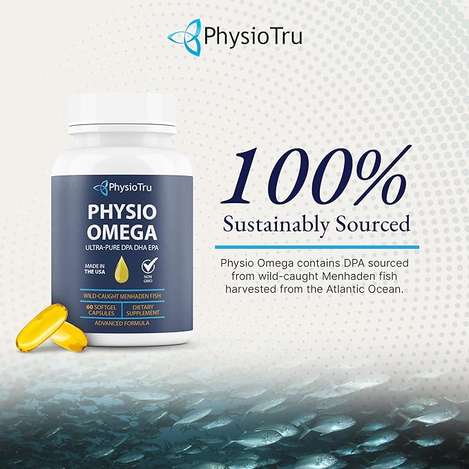 Physio Omega 2400mg Fish Oil with Omega 3 Fatty Acid Supplement - Vascular & Cognitive Supplements for Adults - Non-GMO, Burpless, Light Citrus Flavor, Sustainably Sourced - 1 Pack, 60 Softgels