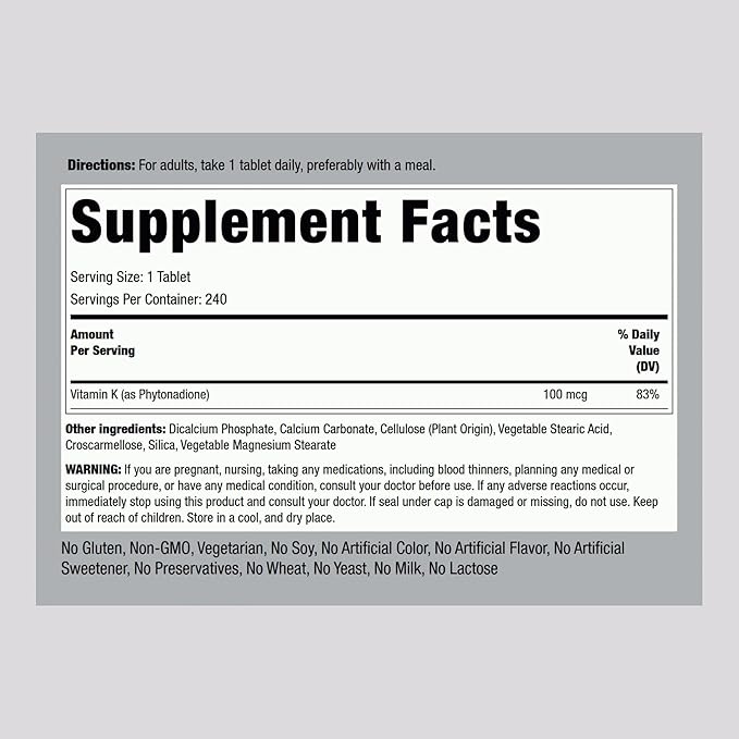 Piping Rock Vitamin K | 100 mcg | 240 Tablets | Supplement for Women and Men | as Phytonadione | Vegetarian, Non-GMO, Gluten Free