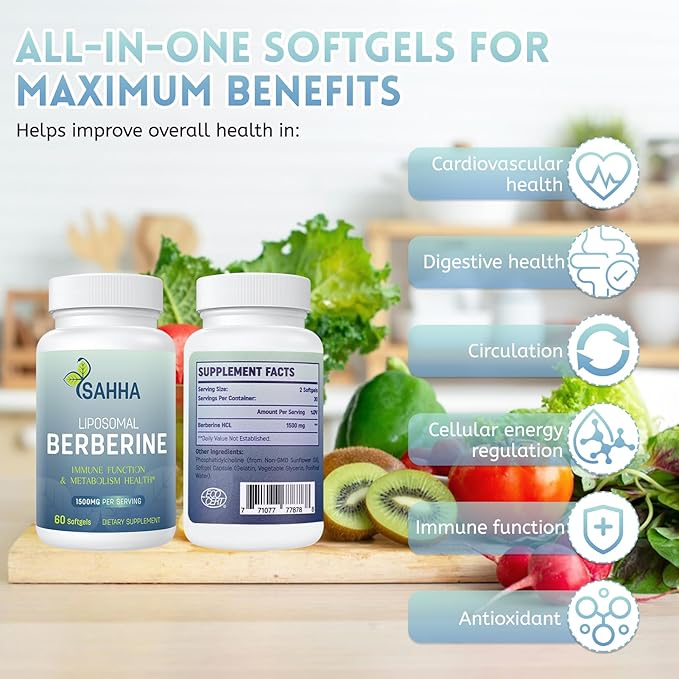 Sahha Liposomal Berberine HCL 1500mg High Bioavailability for Men and Women Overall Health Supplement（2 Pack）