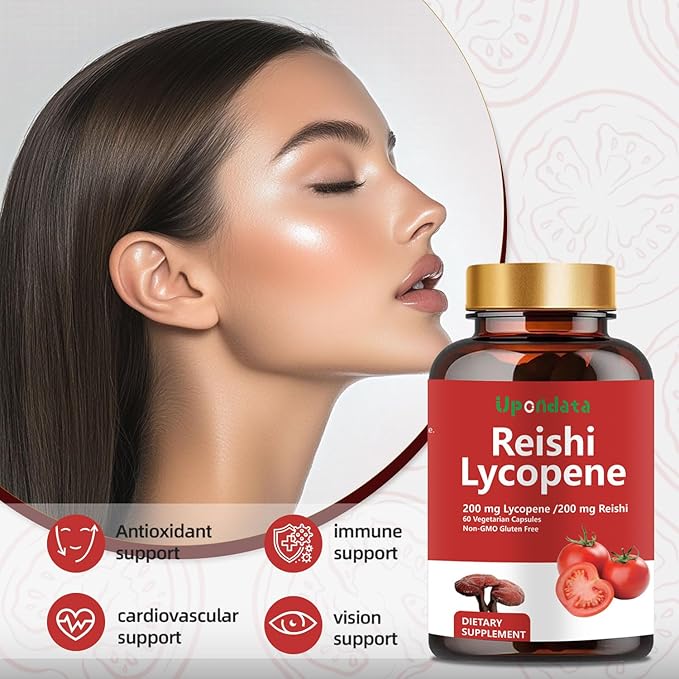 Lycopene Capsules, Natural Lycopene 200mg with Organic Reishi Mushroom 200mg Supplement for Prostate Health and Immune Support - Gluten-Free, Non-GMO, 60 Capsules (1 Pack)