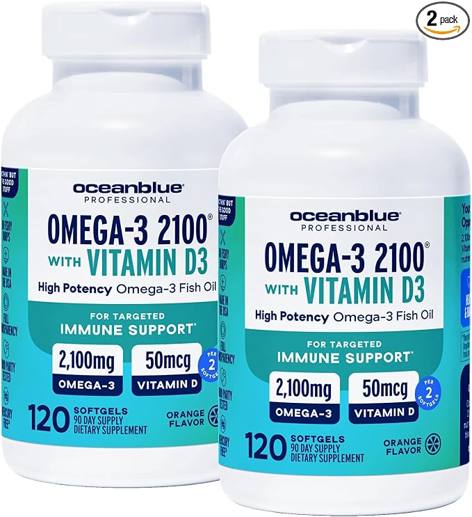 Oceanblue Professional Omega-3 2100 with Vitamin D3 120 ct - 2 Pack Triple Strength Burpless Fish Oil Supplement with High-Potency EPA, DHA, DPA and Vitamin D3 Wild-Caught Orange Flavor