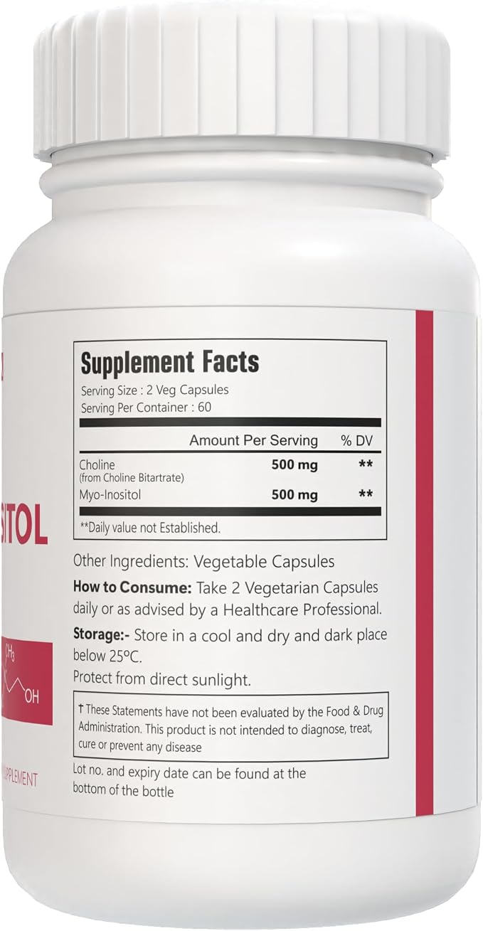 Choline and Myo-Inositol Supplement, 1000 mg Each, 120 Veggie Capsules 100% Vegetarian, Non-GMO & Gluten Free