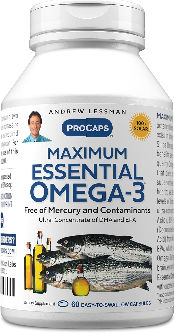ANDREW LESSMAN Maximum Essential Omega-3 Unflavored, 60 Softgels - Ultra-Pure Omega-3 Fish Oil 1200 mg-High DHA, No Mercury Supplement-Small, Easy to Swallow Fish Oil Capsules