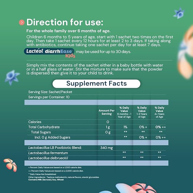 Lactéol diarrhEase Kids - a Safe, Drug Free and clinically Tested postbiotic Strain that Shortens the Duration of Occasional Diarrhea- Works Naturally with Your Child’s Body, 10 Count