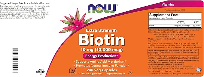 NOW Foods Extra Strength Biotin 10,000mcg / 10 mg - 200 Count - Hair, Skin, Nail - Supplement for Men and Women - B7 Vitamin - Vegetarian, Vegan, Non-GMO