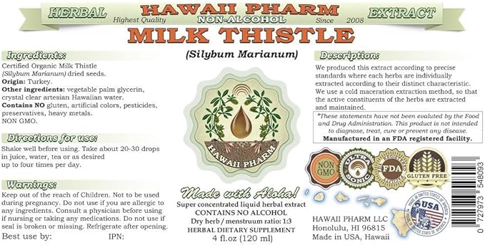 Hawaii Pharm Milk Thistle Alcohol-Free Liquid Extract, Professional Grade, Small Batch Milk Thistle (Silybum marianum) Dried Seed Glycerite, 4 oz