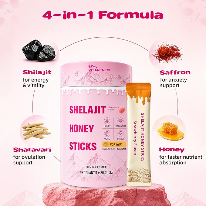 Shilajit Honey Sticks for Women with Shatavari & Saffron | High-Potency Fulvic Acid 75%+ & 85+ Trace Minerals | Supports Hormone Balance, Daily Energy, Mental Clarity & Physical Stamina | Delicious Strawberry, 30 Sticks