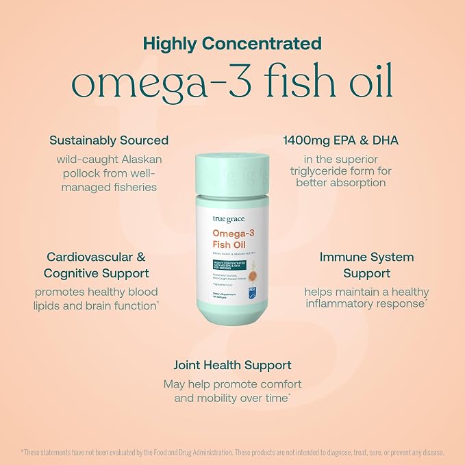 True Grace Omega-3 Fish Oil - 120 Softgels - 1400 mg EPA + DHA - Brain, Heart, Joint & Immune Health - Organic, Gluten Free, Soy Free