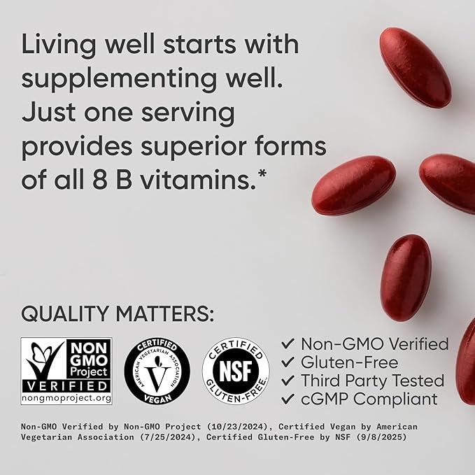 Sports Research® Vitamin B-Complex - Full Spectrum of B Vitamins with Methylated B12 & Folate - Gluten Free · Plant-Based · Non-GMO · Vegan-Friendly Formula - 60 Veggie Softgels