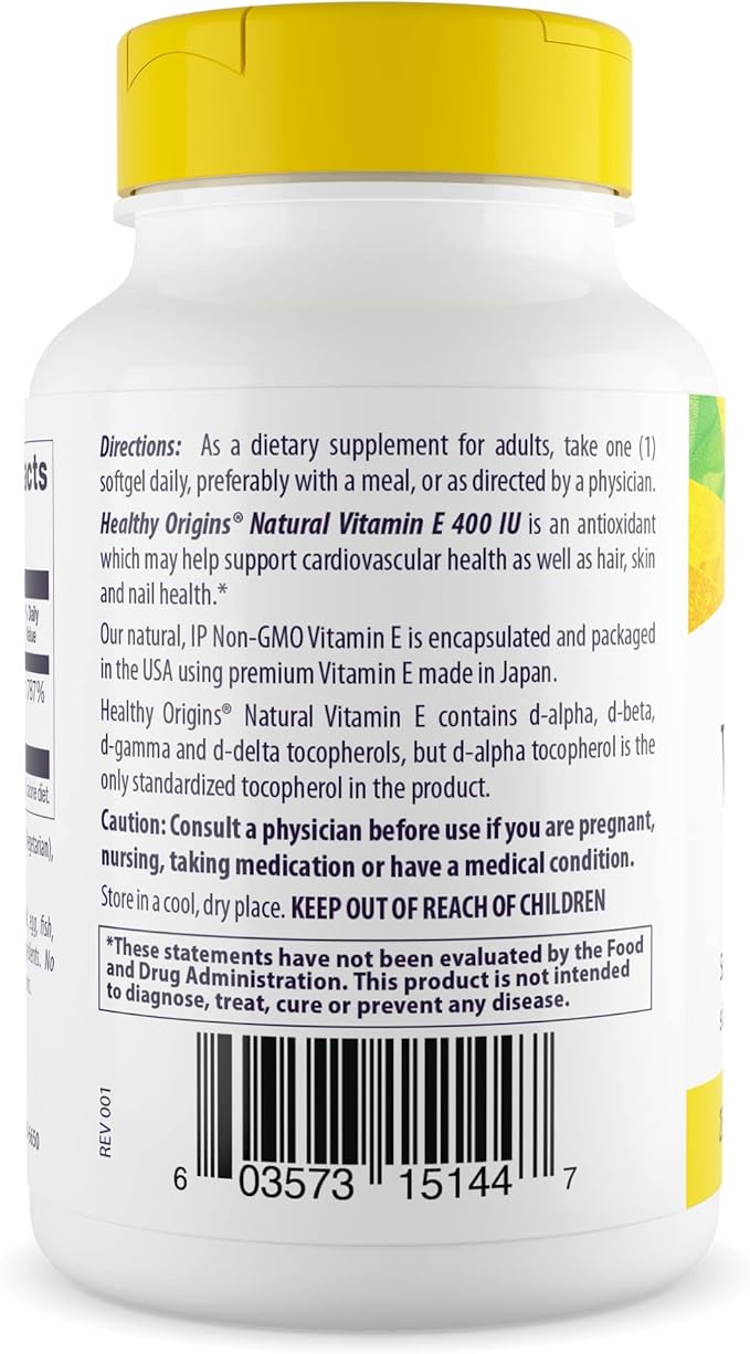 Healthy Origins Vitamin E 400 IU (Natural, Non-GMO, Gluten Free, Skin Support, Cardiovascular Support), 90 Softgels