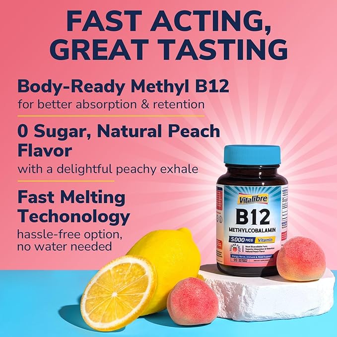 Vitalibre Vitamin B12 Sublingual 5000 mcg, Methylcobalamin, Bioactive Form, High Absorption, Vegan, Nerve, Energy, Immune, Mood Support, Natural Peach Flavor, 90 Fast Dissolve Mini Tablets, No Sugar
