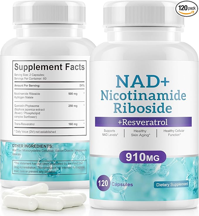 Liposomal NAD Resveratrol Supplement - Nicotinamide Riboside & Quercetin - High Purity NAD Supplements for Anti-Aging, Focus, Energy 120 Capsules