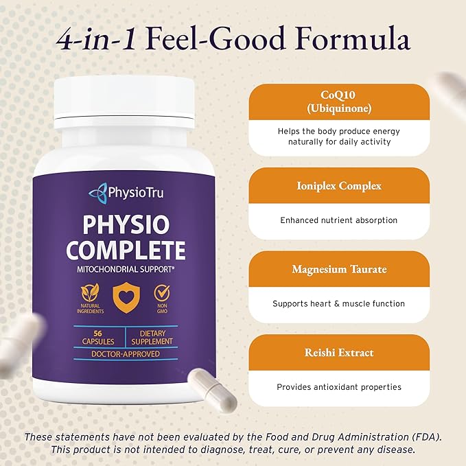 PhysioTru Physio Complete CoQ10 Supplement - Superior Nutrient Absorption, Antioxidant & Energy Support - Coenzyme Q10 Ubiquinone with Fulvic Acid, Magnesium Taurate & Reishi Extract - 1 Pack