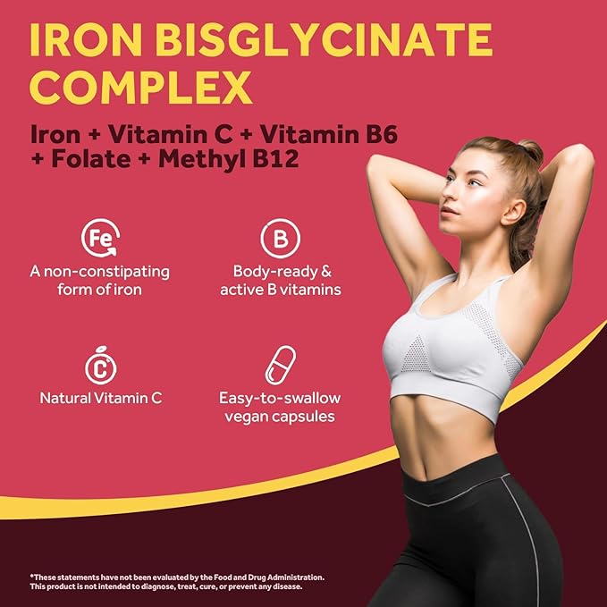 Doctor's Recipes Iron Supplement for Women Men - Gentle Iron Bisglycinate with Vitamin C, B6, Folate & B12, Stomach Friendly Iron Pills, 90 Vegan Caps