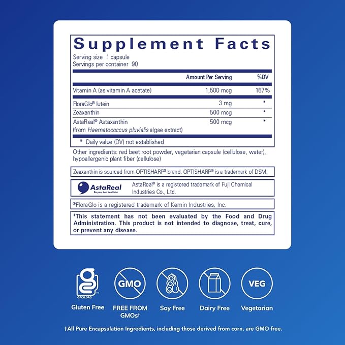Pure Encapsulations Vitamin A + Carotenoids (Lutein, Zeaxanthin, and Astaxanthin) | Hypoallergenic Dietary Supplement | 90 Capsules